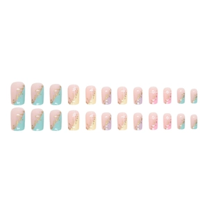 Rainbow macaron press-on nails with gold foil accents and square oval shape set of 24