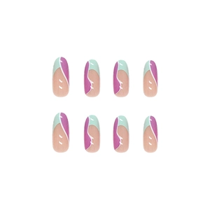 Oval press-on nails featuring a modern green and pink color-block wavy line art design