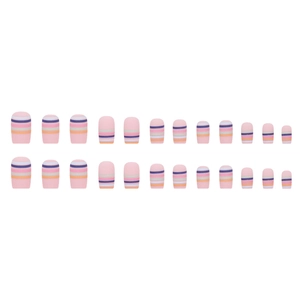 Rainbow striped matte fake nails set in pink, purple and orange tones, 24 pieces set