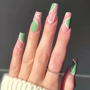 Coffin Press On Nails Pink Green Wave Pattern Contrast Color Plastic Artificial False Fingernails For Women