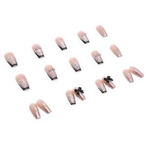 Pink and black ballet press-on nails with silver glitter, rhinestones and 3D bows