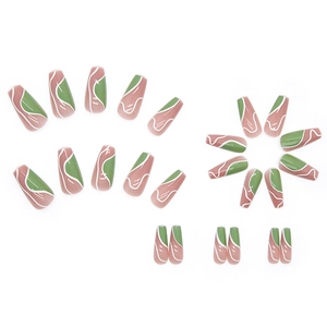 Pink and green color-block ballerina press-on nails with white wavy lines pattern