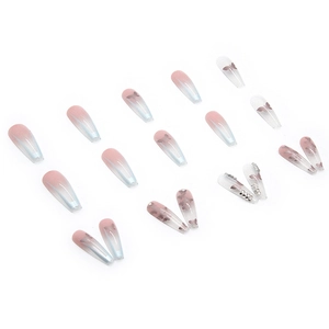 Long coffin press-on nails with pink and blue gradient, butterfly design and rhinestones