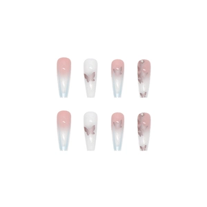 Pink and white gradient long coffin press-on nails with butterfly and rhinestone accents