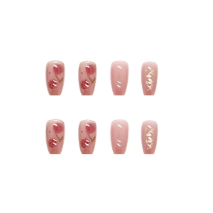 Pink tulip floral press-on nail set with gold foil accents in a medium trapezoid shape