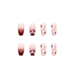 Faux ongles courts ballerine avec motif camélia et dégradé de rose artistique