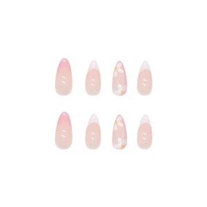Faux ongles en amande avec pointes French roses et motifs délicats de fleurs blanches