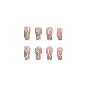Abstract long coffin matte fake nails in dusty pink with green and white wave patterns