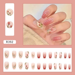 24Pcs French Pink Gradient Press On Nails With Heart Floral Designs Long Coffin Square Artificial Fake Nails For Women Daily Decor