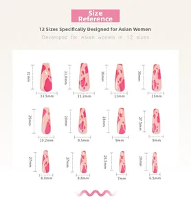 Size chart detail for long coffin press-on nails featuring 12 sizes with graffiti patterns