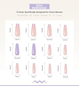 Size chart showing 12 different dimensions for long coffin press on nails in mm