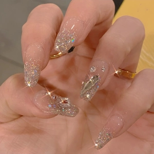 Unghie Finte Coffin Lunghe Sfumate Nude Rosa Glitter Argento Strass Lusso Artificiali Fatte A Mano Per Donne