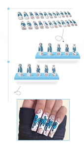 Detail view of 24pcs long coffin press-on nails with blue Cookies graffiti pattern