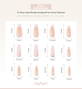 Size chart showing 12 different sizes of long French press-on nails with measurements