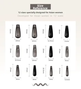 Size guide for French press on nails featuring 12 specific measurements for long coffin shape