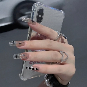 Black Star Hearts Press On Nails Coffin Shape Long Gradient Pink Transparent Fake Nails With Rhinestones DIY Manicure