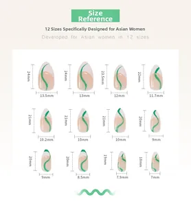 Size chart for almond French press-on nails with green wave patterns and dimensions