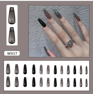 Detailed set of coffin press on nails in black, taupe, and glitter styles with 24 pieces