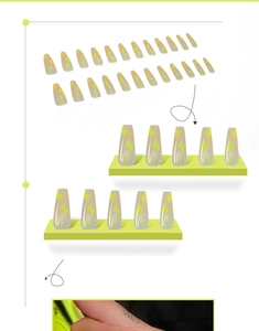 Long coffin press on nails with translucent pink base and neon green lightning patterns