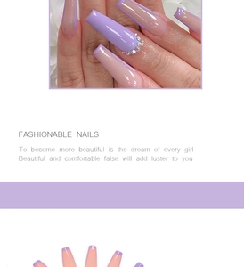 Detail of lavender and nude pink press-on coffin nails with rhinestones and French tips