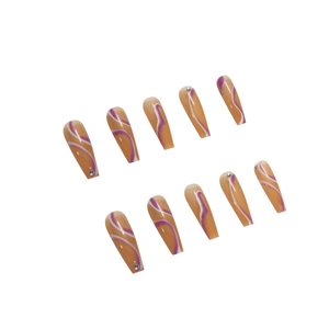 Long coffin press-on nails with nude base, purple swirls, and delicate rhinestone accents