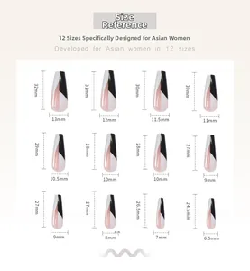Size chart showing 12 sizes of long coffin press on nails with detailed measurements in mm