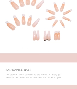 Detailed view of long coffin press-on nails with nude color and white French tips
