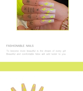 Detailed view of long ballerina press-on nails with nude pink base and yellow lightning design