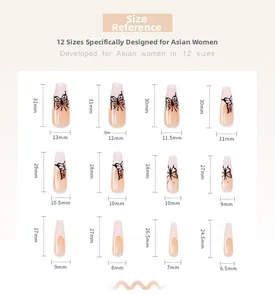 Size chart for 12 sizes of ballerina press on nails with butterfly design