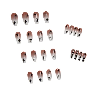 Brown gradient star and heart press-on nails with pearls in long coffin shape
