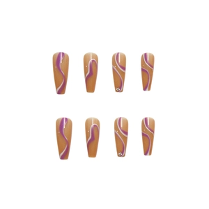 Long ballet press-on nails in nude pink with purple marble waves and rhinestone accents