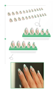 Detail of nude pink press-on nails with white French tips and green wavy patterns