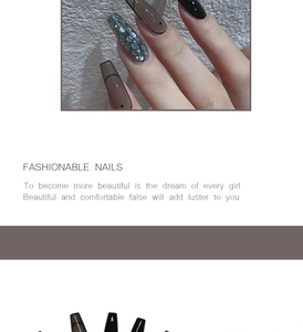 Detailed view of long coffin press-on nails in black, brown, and blue glitter styles