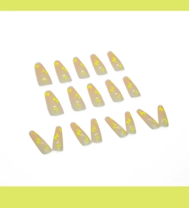 Detailed layout of long coffin press on nails with pink gradient and neon yellow lightning