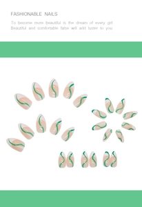 Detail of almond-shaped press-on nails with nude base and green swirl patterns