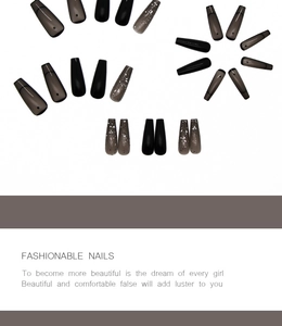 Detailed set of black and grey glitter coffin press on nails in a radial layout