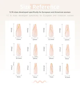 Size chart for extra long ballet press-on nails featuring 12 precise European fit sizes