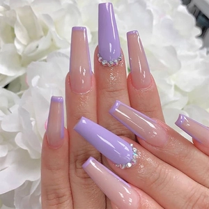 Press On Nails Long Coffin Shape Lavender Purple Nude Pink French Tip Elegant Rhinestone Artificial Fingernails For Women
