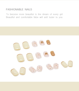 Detail of bear-themed false nails with brown polka dots and yellow french tips