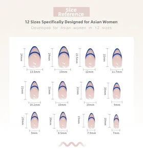 Detailed size chart for almond press-on nails showing 12 different length and width dimensions