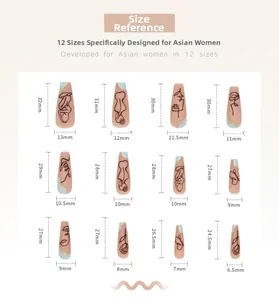 Size chart for long coffin press-on nails with blue geometric and abstract line art
