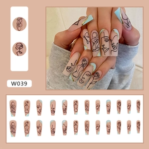 Long ballet press-on nails set with nude matte base and black abstract line art faces