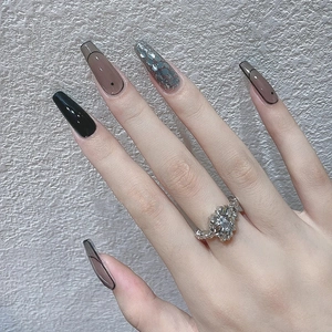 Press On Nails Long Coffin Ballerina Black Transparent Silver Glitter Polka Dot Artificial False Nails Full Cover