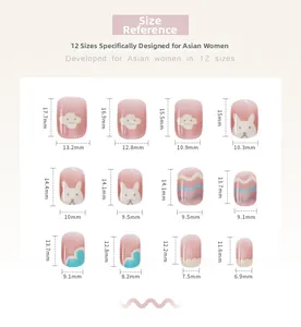 Detailed size chart showing 12 different dimensions for press-on nail patches in mm