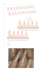 Detailed view of pink marble long coffin press-on nails with gold glitter texture