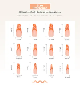 Size chart showing 12 dimensions for long coffin press on nails with orange marble pattern
