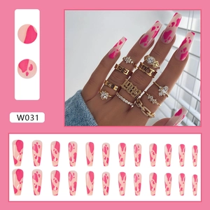 Long ballet coffin press-on nails with pink graffiti cow pattern texture 24pcs W031