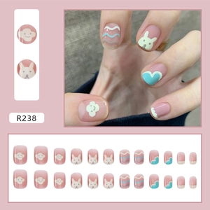 Pink gradient press-on nails set with cute rabbit and heart patterns, 24 pieces included
