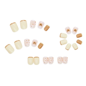 24pcs short round press-on nails with cute brown bear and cream yellow french tips