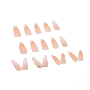 French tip long coffin press on nails with nude gradient and crystal rhinestones